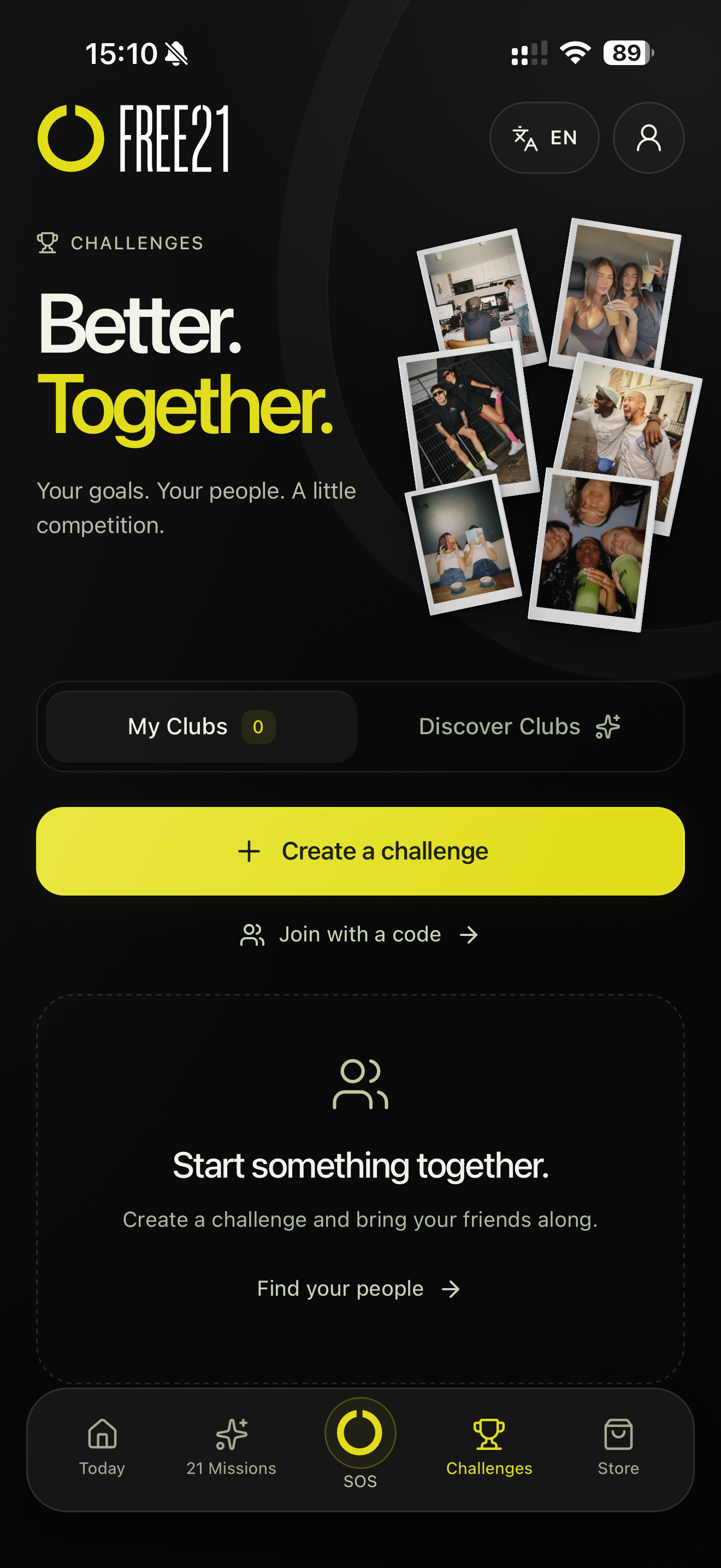 FREE21 Challenges screen with options to create a challenge or join a club